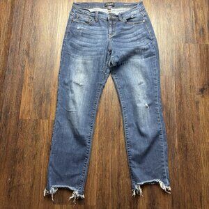 Judy Blue Relaxed Straight Fit Jeans Distressed Dark Wash Raw Hem Size 7/28